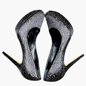 BCBG Black Satin and Pale Gold Studded Platform Heels Shoes Size 10
